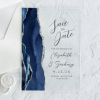 Agate Navy Blue Silver Modern Script Wedding