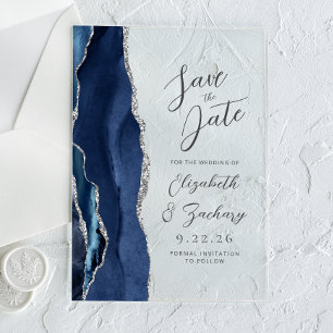 Agate Navy Blue Silver Modern Script Wedding Acrylic Invitations
