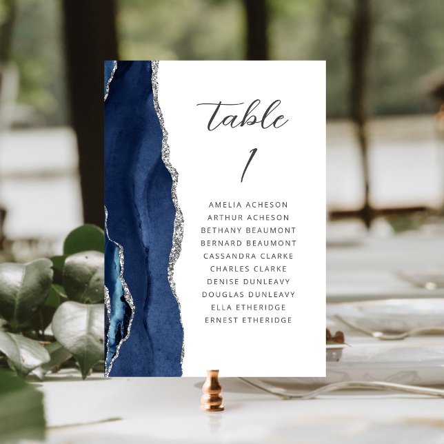 Agate Navy Blue Silver Modern Script Wedding Table Number (Creator Uploaded)