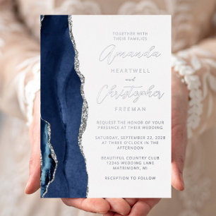 Agate Navy Blue Silver Script Wedding