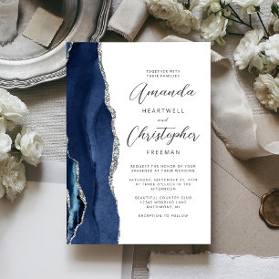 Agate Navy Blue Silver Script Wedding Invitation