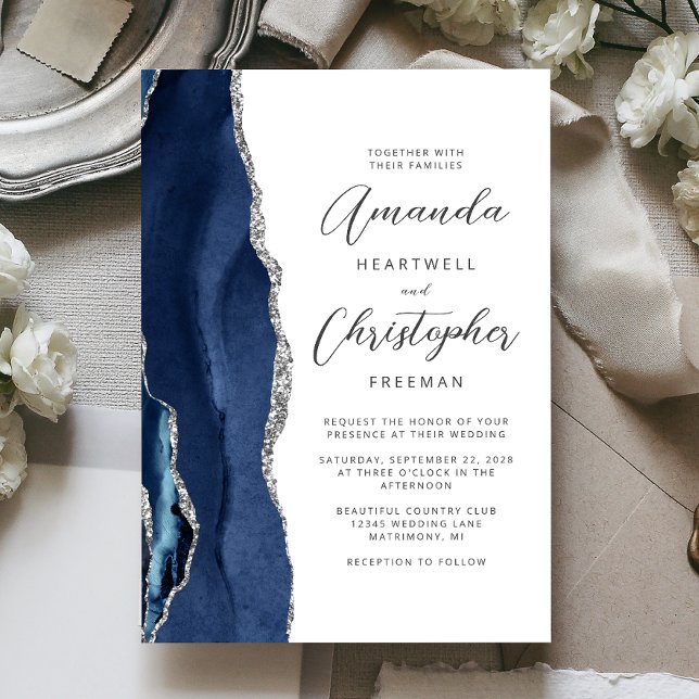 Agate Navy Blue Silver Script Wedding Invitation (Creator Uploaded)