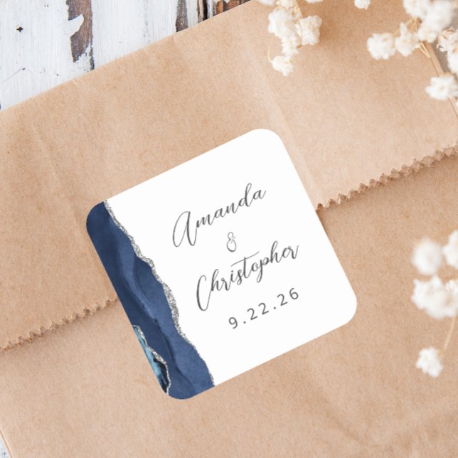 Agate Navy Blue Silver Script Wedding Square Sticker (Creator Uploaded)
