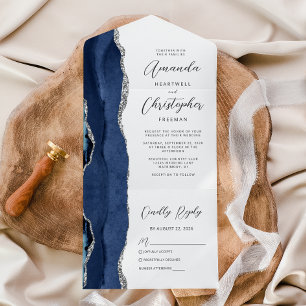 Agate Navy Blue Silver Wedding All In One Invitation