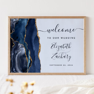 Agate Navy Pale Blue Gold Script Wedding Welcome Poster