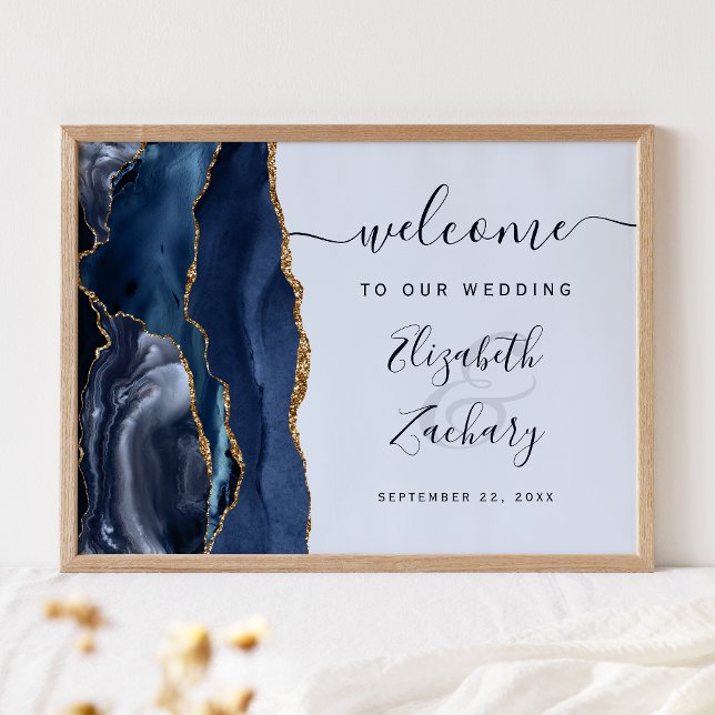 Agate Navy Pale Blue Gold Script Wedding Welcome Poster (Creator Uploaded)