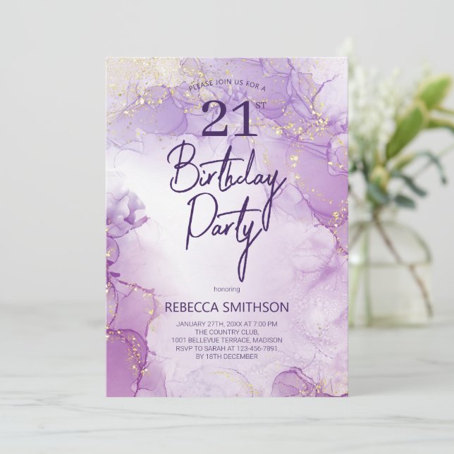 Agate Navy Purple and Gold 21st Birthday Invitation (Standing Front)