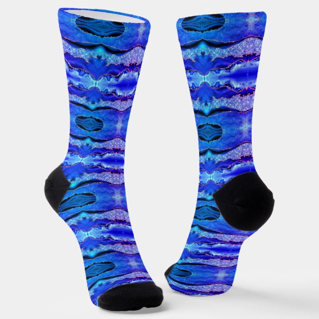 Agate Ocean Blue Gold Glitter Marble Socks (Angled)