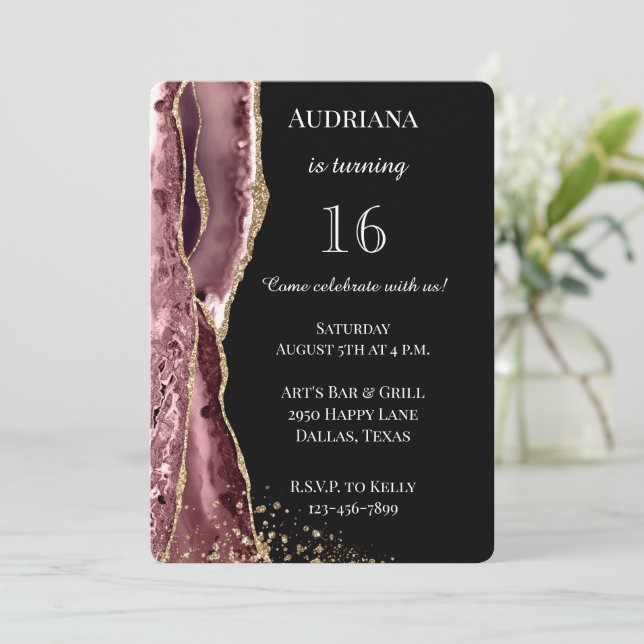 Agate Pink Black Rose Gold Glitter 16th Birthday Invitation (Standing Front)