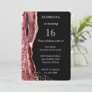 Agate Pink Black Rose Gold Glitter 16th Birthday Invitation