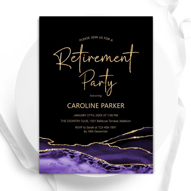 Agate Purple Black Gold Retirement Party Invitation (Creator Uploaded)