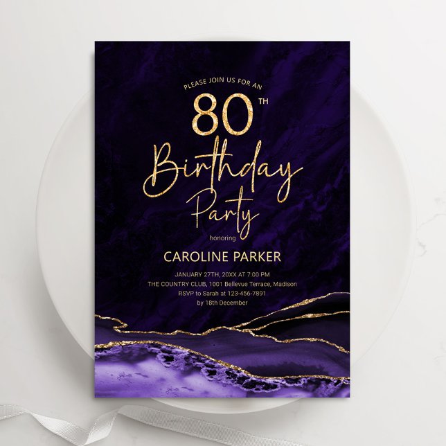 Agate Purple Gold 80th Birthday Invitation (Creator Uploaded)