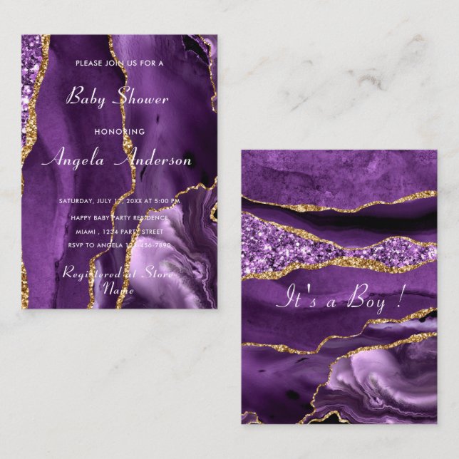 Agate Purple Gold Baby Boy Shower Invitation Card (Front/Back)