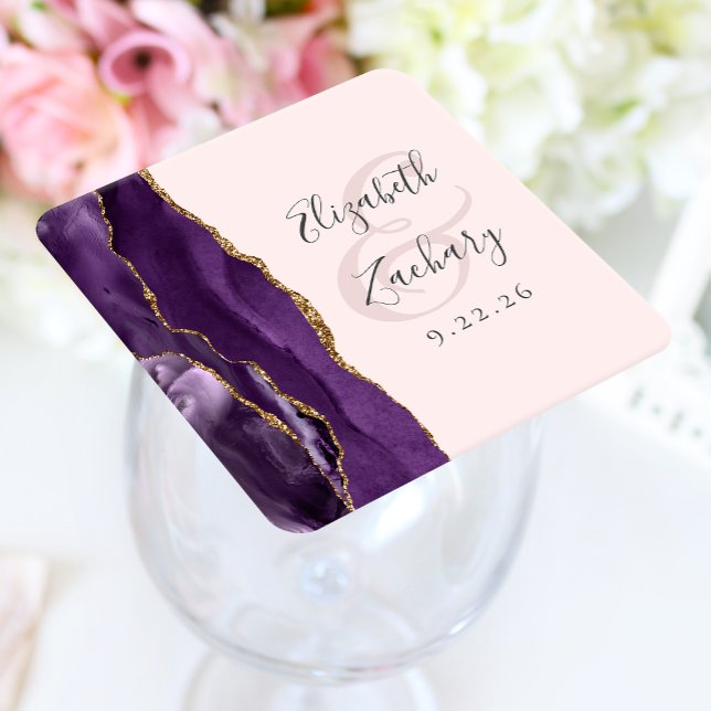 Agate Purple Gold Blush Pink Wedding Square Paper Coaster (Creator Uploaded)