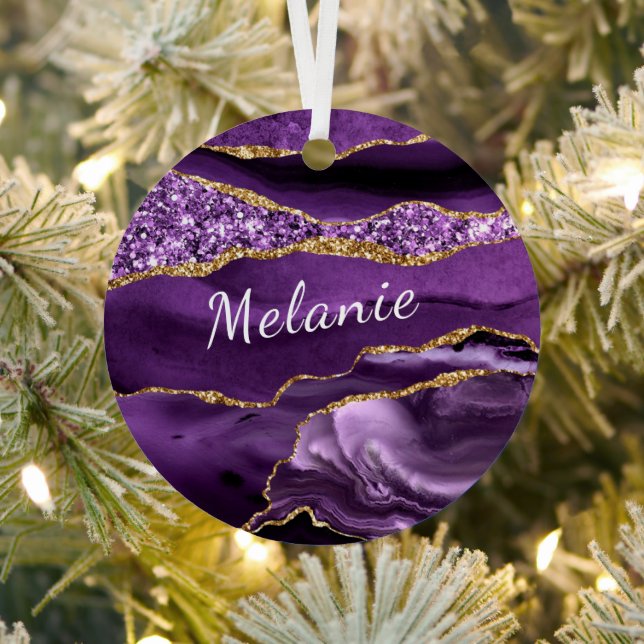 Agate Purple Gold Custom Name Christmas Ornament (Insitu)