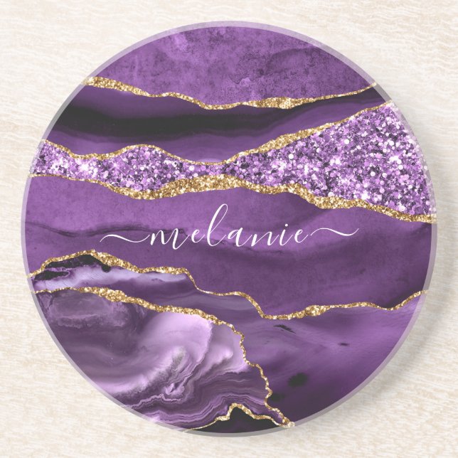 Agate Purple Gold Glitter Coaster Custom Name Gift (Front)