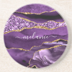 Agate Purple Gold Glitter Cusrom Your Name Coaster