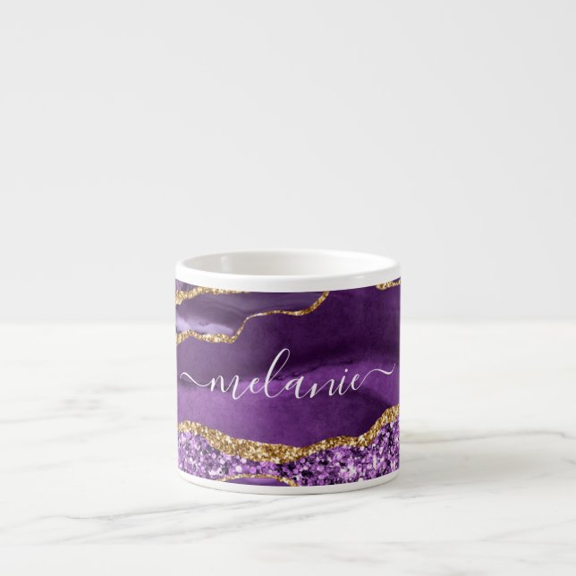 Agate Purple Gold Glitter Custom Name Espresso Cup (Front)
