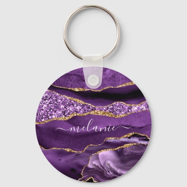 Agate Purple Gold Glitter Custom Name Keychain (Front)