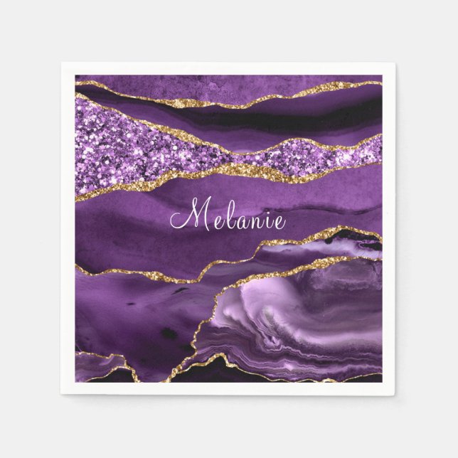 Agate Purple Gold Glitter Custom Name Napkins (Front)