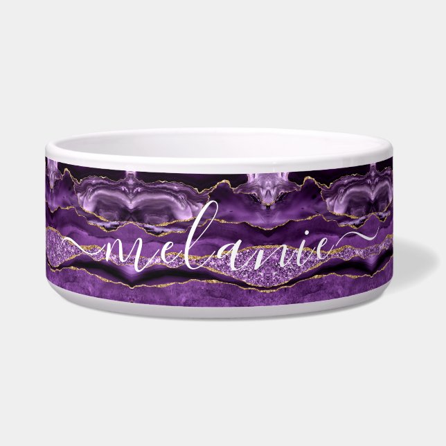 Agate Purple Gold Glitter Custom Name Pet Bowl (Front)