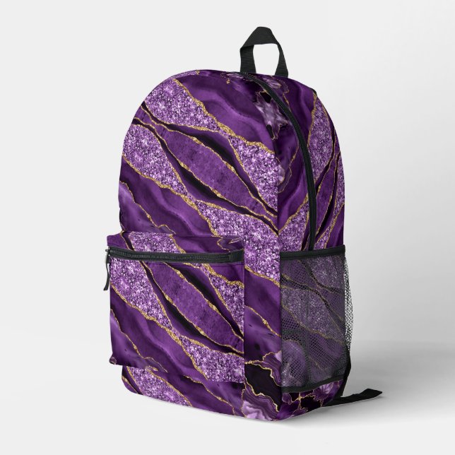 Agate Purple Gold Glitter Gemstone Marble Backpack (Back Corner Right)
