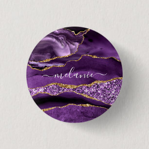 Agate Purple Gold Glitter Marble Button Your Name