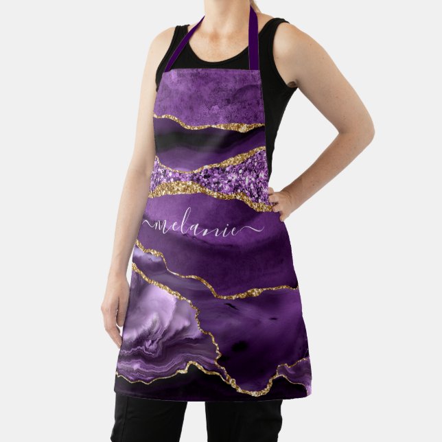 Agate Purple Gold Glitter Marble Custom Name Apron (Insitu)