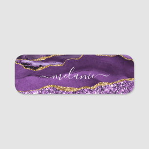 Agate Purple Gold Glitter Marble Custom Name Tag