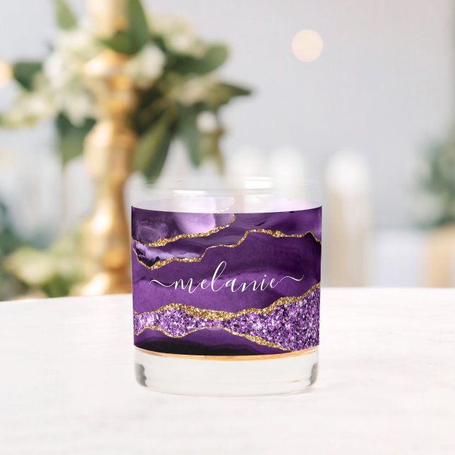 Agate Purple Gold Glitter Marble Custom Name Whiskey Glass (Insitu (Wedding))