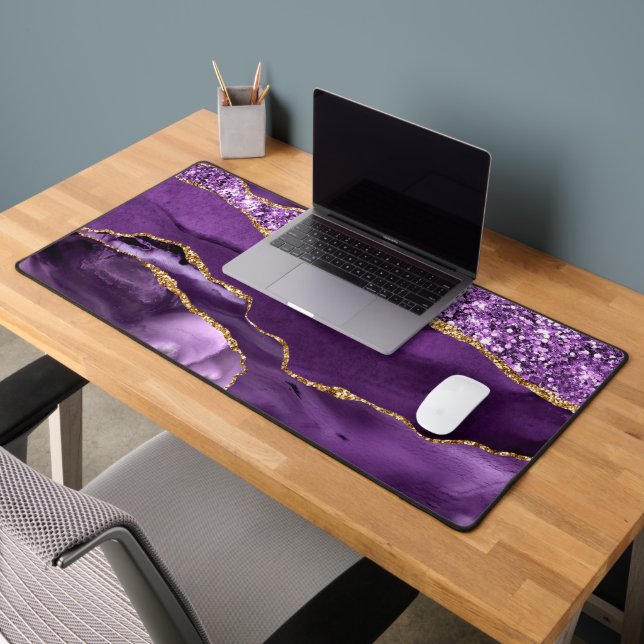Agate Purple Gold Glitter Marble Desk Mat (Office 2)