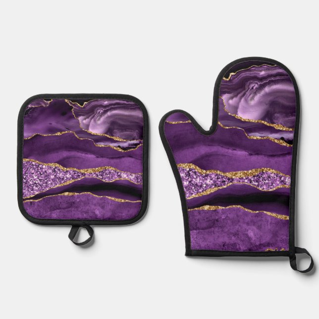 Agate Purple Gold Glitter Marble Oven Mitt & Pot Holder Set (Front)