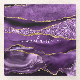 Agate Purple Gold Glitter Marble Personalised Name Glass Coaster