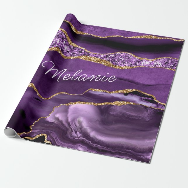 Agate Purple Gold Glitter Your Name Wrapping Paper (Unrolled)