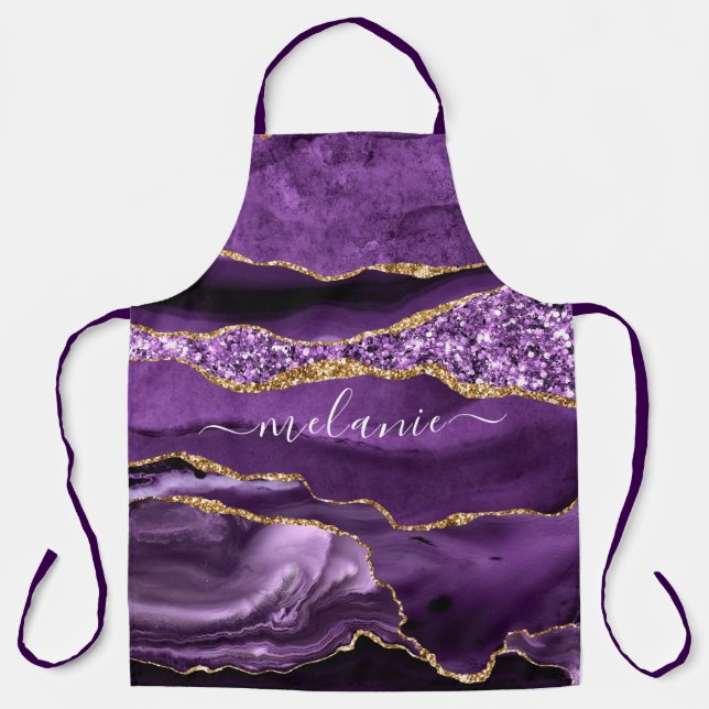 Agate Purple Gold Marble Apron with Custom Name (Front)
