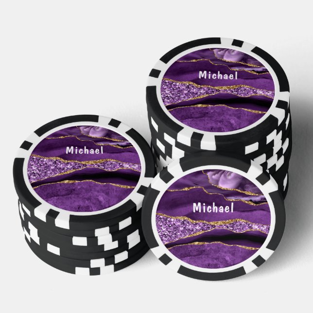 Agate Purple Gold Marble Custom Name Poker Chips (Stack)