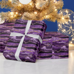 Agate Purple Gold Marble Your Name Wrapping Paper