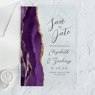 Agate Purple Gold Plum Modern Script Wedding Acrylic Invitations