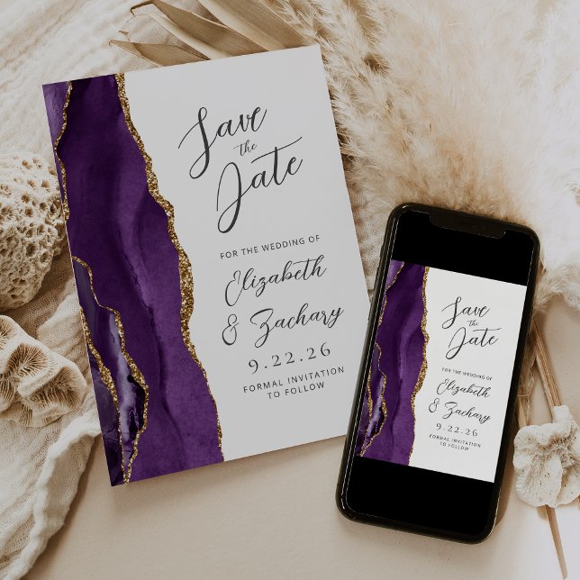 Agate Purple Gold Plum Modern Script Wedding Save The Date (Creator Uploaded)