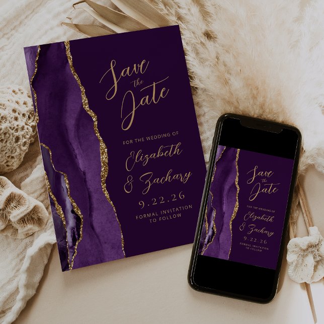 Agate Purple Gold Plum Modern Script Wedding Save The Date (Creator Uploaded)