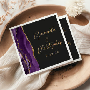 Agate Purple Gold Script Dark Wedding Napkin