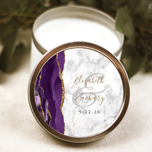 Agate Purple Gold Script Marble Wedding Classic Round Sticker