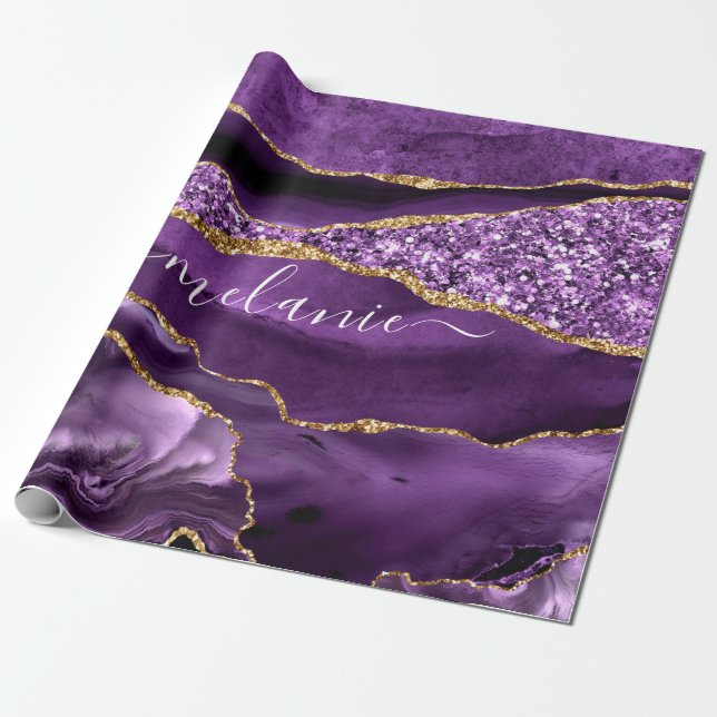 Agate Purple Marble Custom Name Wrapping Paper (Unrolled)