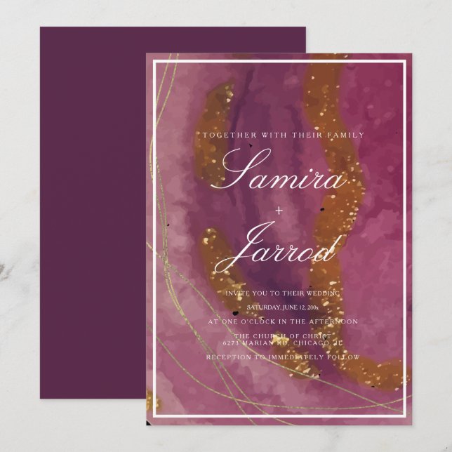 Agate Purple Mustard Watercolor Faux Gold Wedding Invitation (Front/Back)