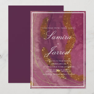 Agate Purple Mustard Watercolor Faux Gold Wedding Invitation