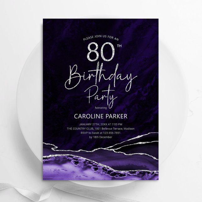 Agate Purple Silver 80th Birthday Invitation (Creator Uploaded)