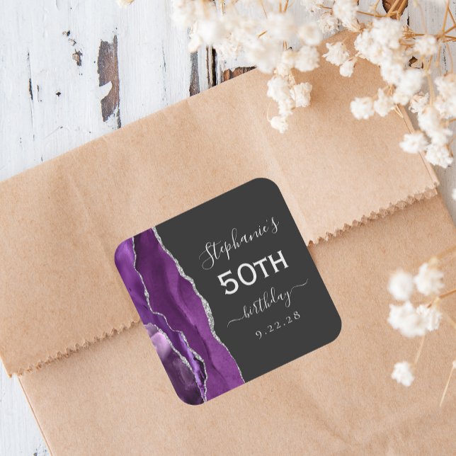 Agate Purple Silver Dark 50th Birthday Square Sticker (Creator Uploaded)
