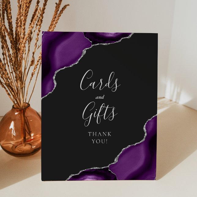 Agate Purple Silver Dark Wedding Cards Gifts Pedestal Sign (Creator Uploaded)