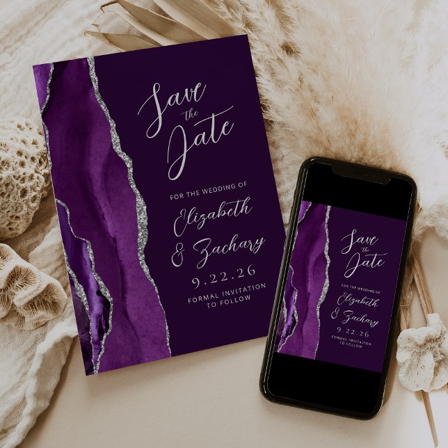 Agate Purple Silver Plum Script Wedding Suite Save The Date (Creator Uploaded)