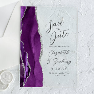 Agate Purple Silver Script Wedding Save the Date Acrylic Invitations